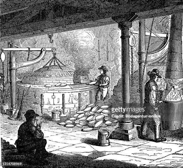 Drifting hearth, process in the smelter to separate gold and silver from added base metals, illustration from 1880 / Treibherd, Verfahren in der...