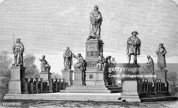 The Luther Monument in Worms, Germany, in 1870 / Das Lutherdenkmal in Worms, Deutschland, im Jahre 1870, Historisch, historical, digital improved...