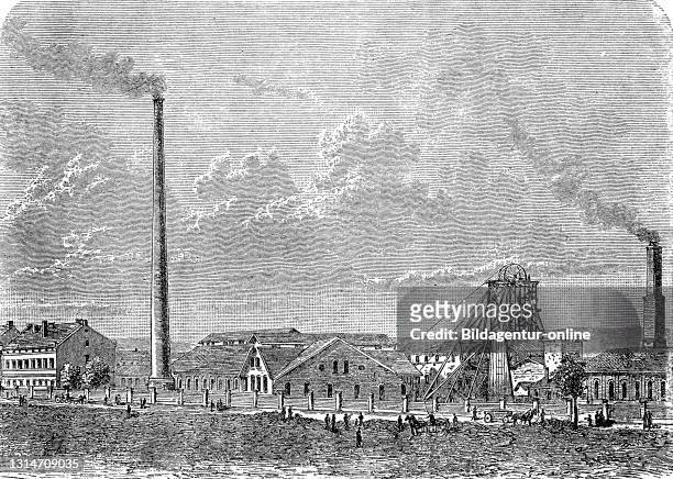 Neu-Staßfurt salt mine, Agatheschacht, Saxony-Anhalt, Germany, in 1878 / Salzbergwerk Neu-Staßfurt, Agatheschacht, Sachsen-Anhalt, Deutschland, im...