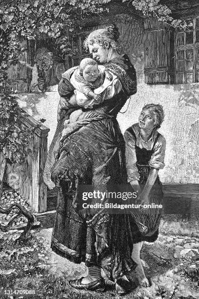 Mother with two children standing in the garden, Germany, 1887 / Mutter mit zwei Kindern steht im Garten, Deutschland Historisch, historical, digital...