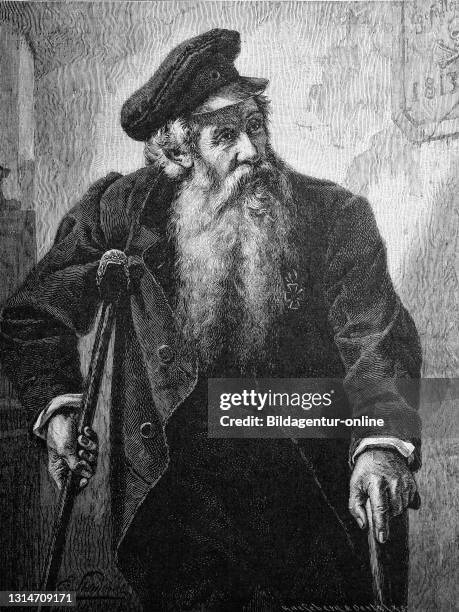 Old man with full beard on crutches, war invalid around 1813, Germany / Alter Mann mit Vollbart auf Krücken, Kriegsinvalide um das Jahr 1813,...