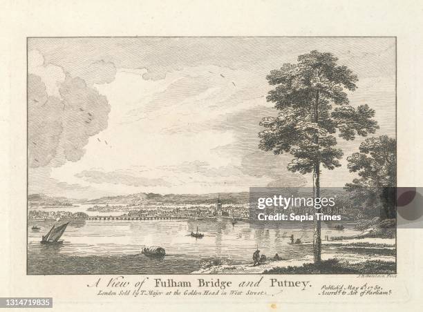 View of Fulham Bridge and Putney, Jean B. C. Chatelain, 1710–1771, French, after Jean B. C. Chatelain, 1710–1771, French Etching.