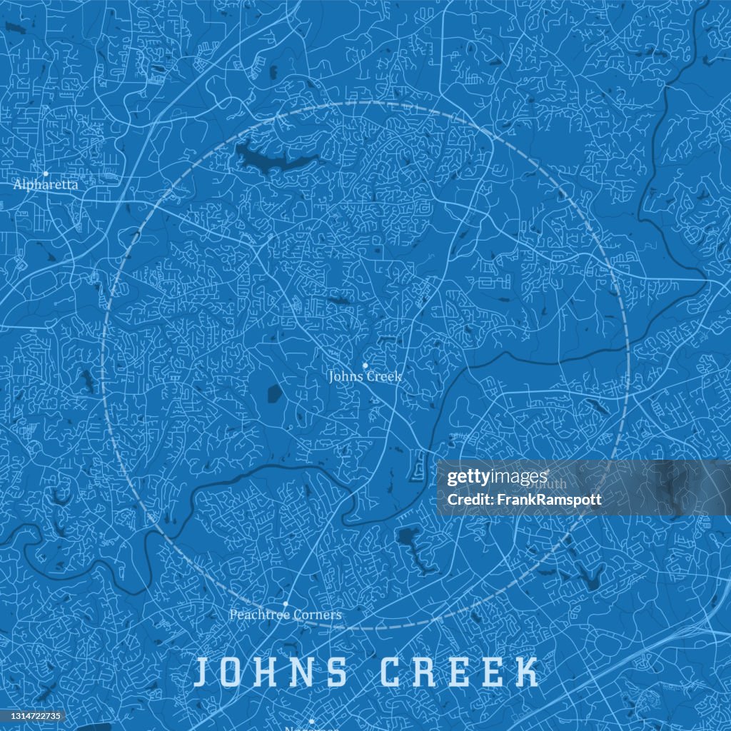 Johns Creek GA City Vector Road Map Blue Text