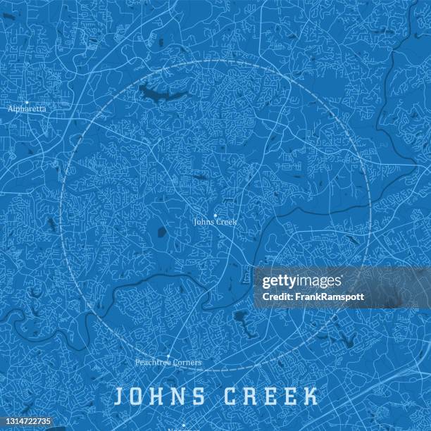 johns creek ga city vector road map blue text - chattahoochee stock illustrations