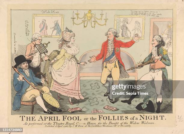 The April Fool or The Follies of a Night ---, James Gillray, 1757–1815, British Etching, hand-colored, Sheet: 9 3/4 x 15in. .