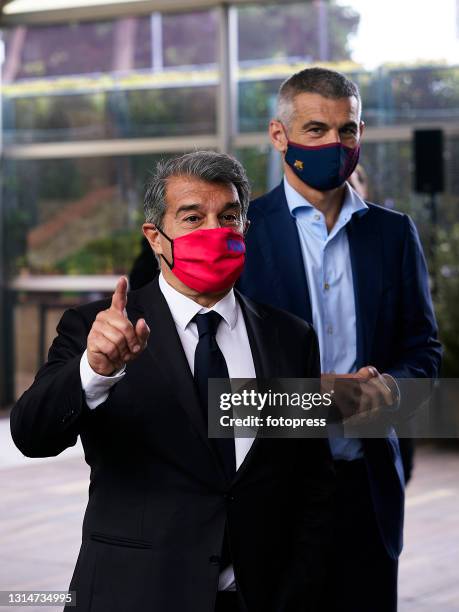 Joan Laporta and Enric Masip attending to the ATP Barcelona Open Banc Sabadell 2021 at Real Club De Tenis Barcelona on April 24, 2021 in Barcelona,...