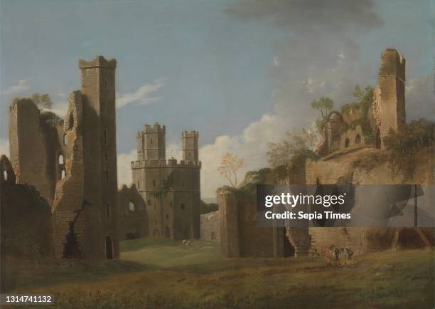Caernarvon Castle, Joseph Farington, 1747–1821, British, ca. 1780, Oil on canvas, Support : 20 3/4 × 28 3/4 inches , architectural subject, boys,...