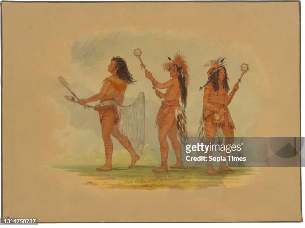 George Catlin, , American, 1796 - 1872, Three Celebrated Ball Players - Choctaw, Sioux and Ojibbeway oil on card mounted on paperboard, overall: 45.1...