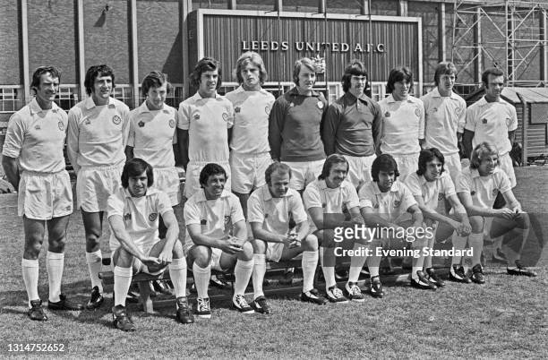 League Division One team Leeds United FC at Elland Road in Leeds, at the start of the 1974-75 football season, UK, 26th July 1974. From left to right...