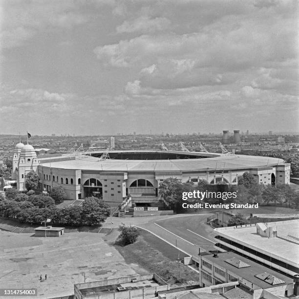 The original Wembley Stadium in London, with the Twin Towers on the left, UK, 17th July 1974. Demolition of the stadium was begun in 2002.