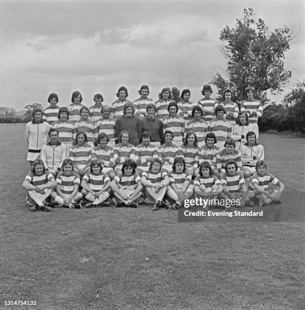 League Division One team Queens Park Rangers at the start of the 1974-75 football season, UK, 1st August 1974. From left to right Mark Hewson, Alan...