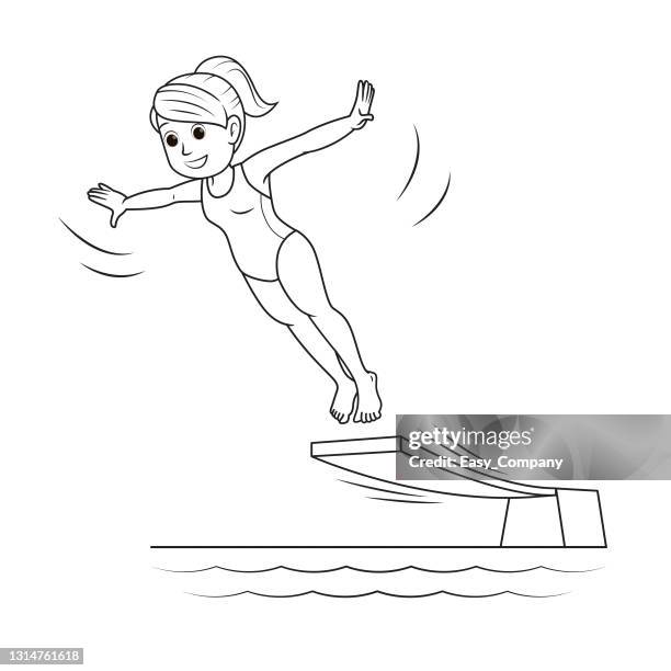 ilustrações, clipart, desenhos animados e ícones de ilustração vetorial de uma mulher pulando do trampolim para a piscina isolada em fundo branco. competição esportiva ou conceitos de treinamento. página de colorir crianças. clipart de personagem de desenho animado colorido. - salto de altura