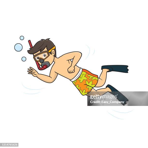 vector illustration of a man snorkeling in the sea isolated on white background. recreational activity concepts. kids coloring page. color cartoon character clipart. - deep relaxation stock illustrations