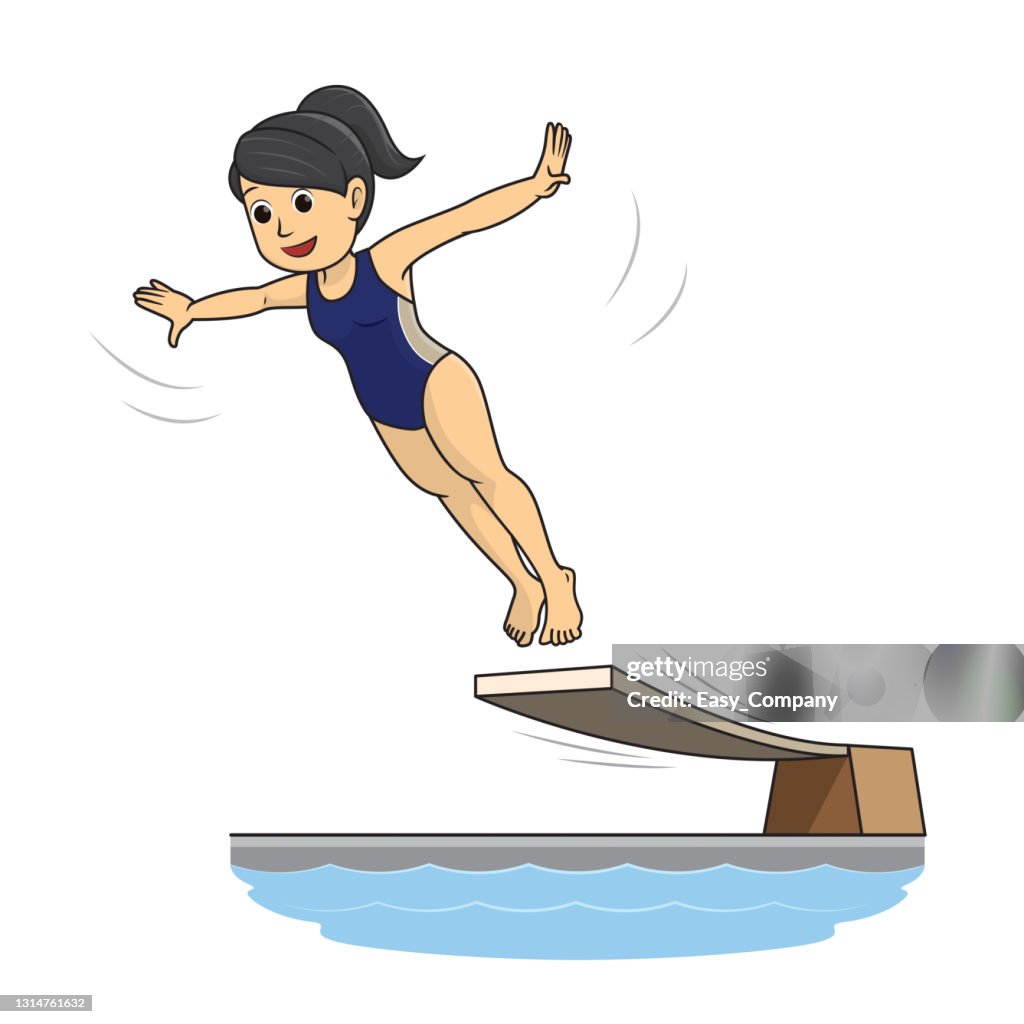 Ilustración vectorial de una mujer saltando desde el trampolín a la piscina aislada de fondo blanco. Competición deportiva o conceptos de entrenamiento. Página para colorear para niños. Imágenes prediseñadas de personajes de dibujos animados en colo