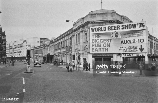 The Olympia Exhibition Centre on the Hammersmith Road in London, the venue for the World Beer Show '74 , UK, 8th August 1974.