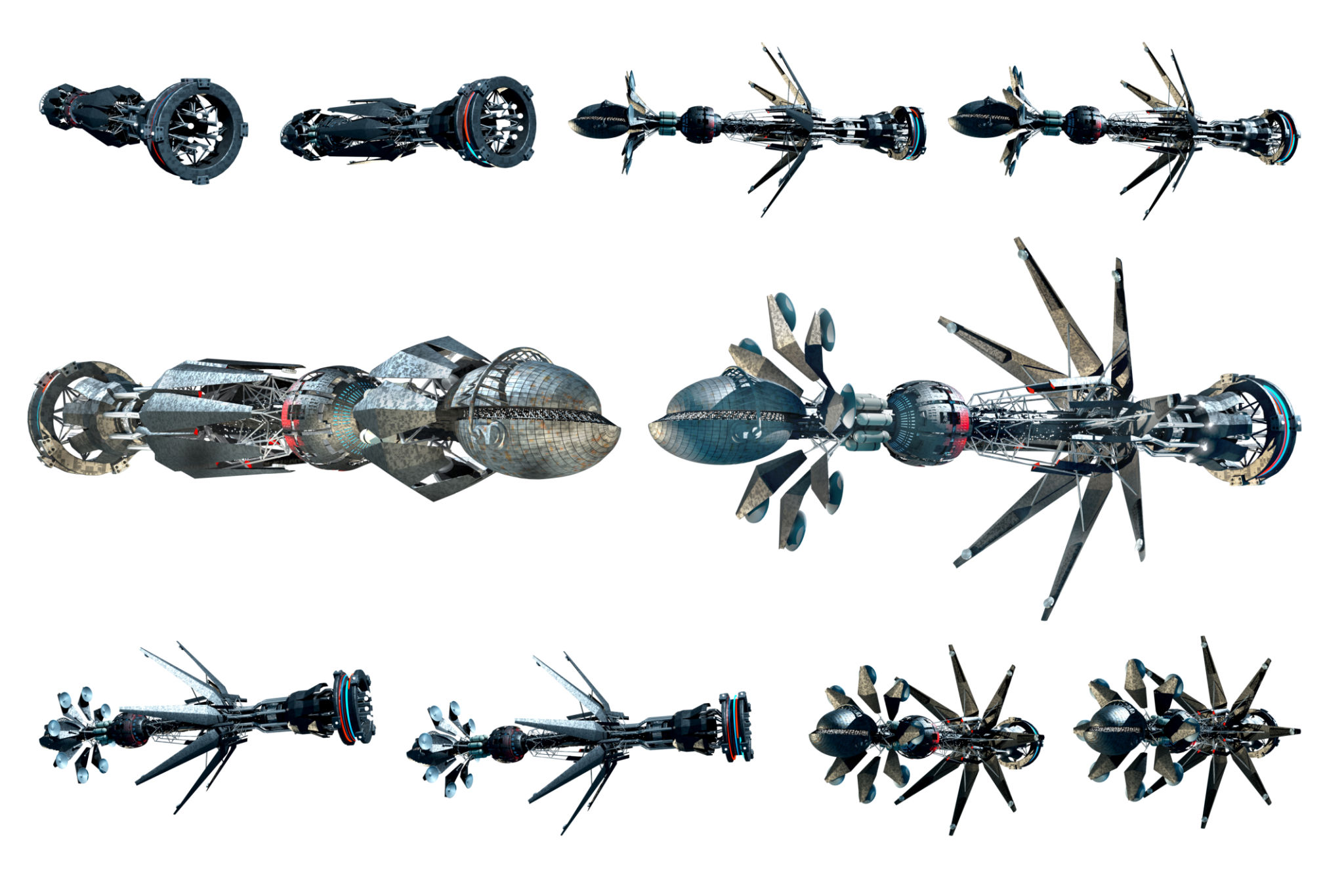 Collage of spaceship instances isolated on white Collage of spaceship instances isolated on white