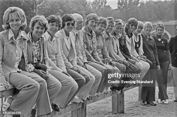 Players set to compete in the Women's Open Golf Championship at Sunningdale, UK, 5th August 1974. Australian golfer Jan Stephenson is towards the...