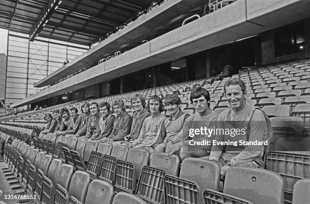 Footballers of League Division One team Chelsea FC, seated in the new East Stand at Stamford Bridge in London, at the start of the 1974-75 football...