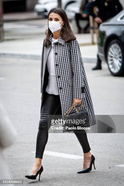 Queen Letizia of Spain arrives to a meeting with 'FundeuRAE' Foundation at RAE on April 27, 2021 in Madrid, Spain.