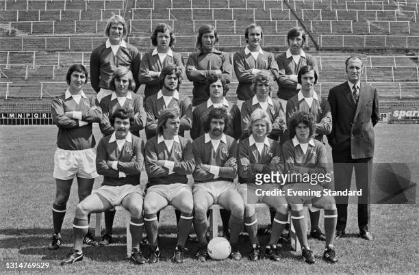 League Division 3 team Charlton Athletic FC, at the start of the 1974-75 football season, UK, 22nd August 1974. From left to right Bobby Goldthorpe,...