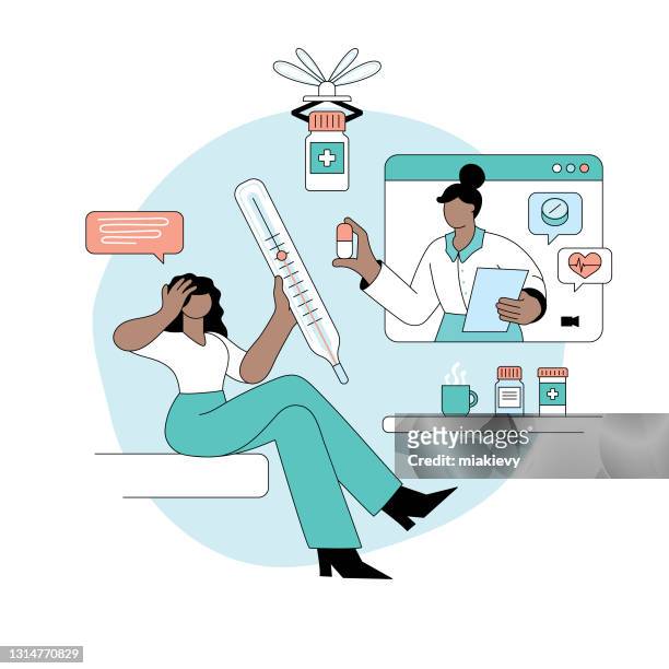 online-arzt und patientin - woman talking doctor stock-grafiken, -clipart, -cartoons und -symbole