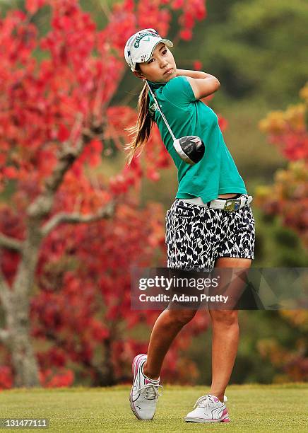 Momoko Ueda of Japan tees off during the second round of the Mizuno Classic at Kintetsu Kashikojima Country Club on November 5, 2011 in Shima, Japan.