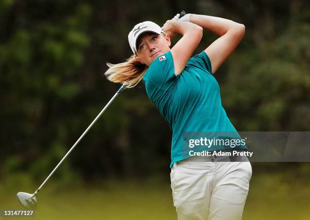 Stacy Lewis of the USA plays a shot during the second round of the Mizuno Classic at Kintetsu Kashikojima Country Club on November 5, 2011 in Shima,...