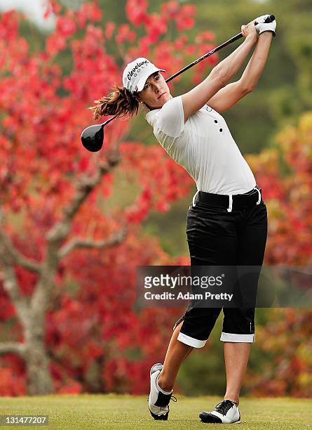 Paige Mackenzie of the USA tees off during the second round of the Mizuno Classic at Kintetsu Kashikojima Country Club on November 5, 2011 in Shima,...