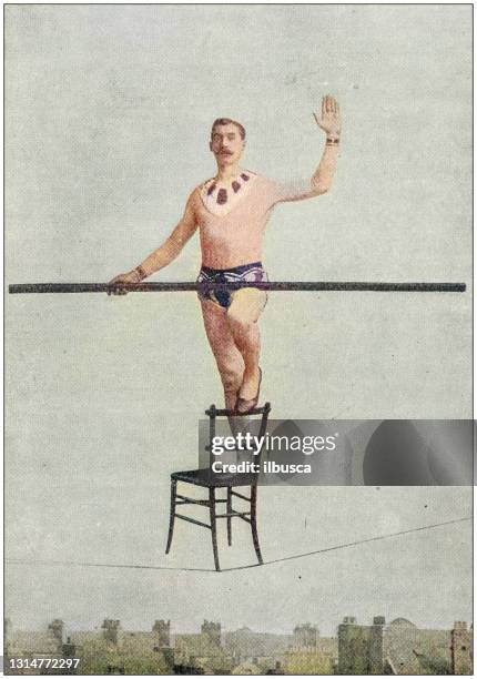 illustrazioni stock, clip art, cartoni animati e icone di tendenza di foto antica: rope walker acrobat - circus performer