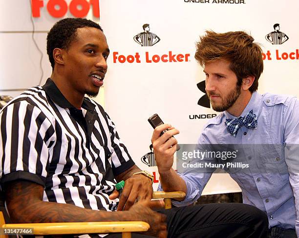 Player Brandon Jennings speaks to the media during Foot Locker To Celebrate The Release Of Brandon Jennings Under Armour Micro G Bloodline Shoe...