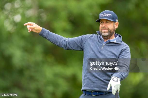 Erik Compton tees off on the 3rd hole during the second round of the Korn Ferry Tour Veritex Bank Championship at the Texas Rangers Golf Club on...