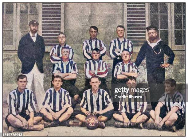 antique photograph of british navy and army: football team of the "anson" warship - soccer team stock illustrations