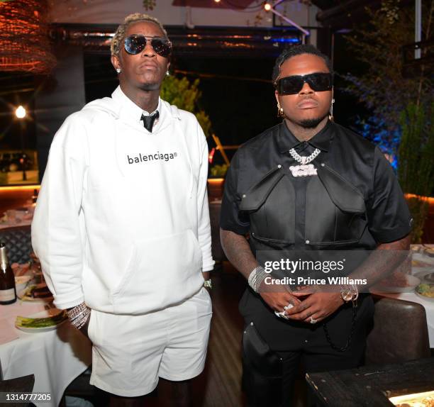 Young Thug and Gunna attends Slime Language 2 Album Event at Annette's Chop House on April 26, 2021 in Atlanta, Georgia.