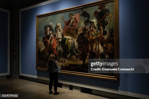 Woman visits the exhibition 'Tiepolo. Venezia, Milano, l’Europa' at Gallerie D'Italia, a museum part of the cultural initiatives from Italian banking...