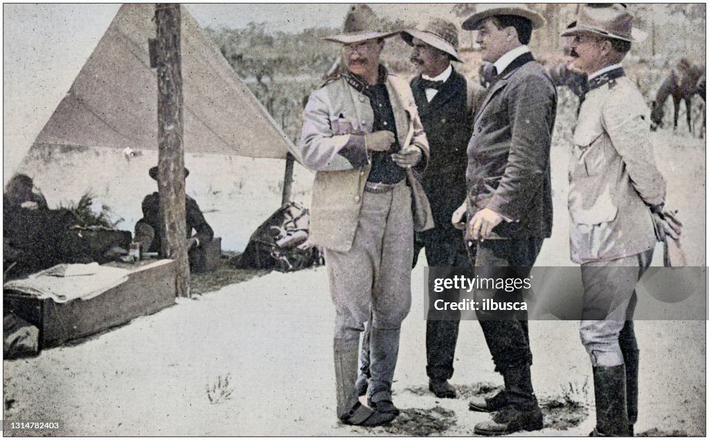 US Army colorized photos: Colonel Theodore Roosevelt (left) before becoming president of the USA, with Richard Harding Davis, Stephen Bonsall and Major Dunn