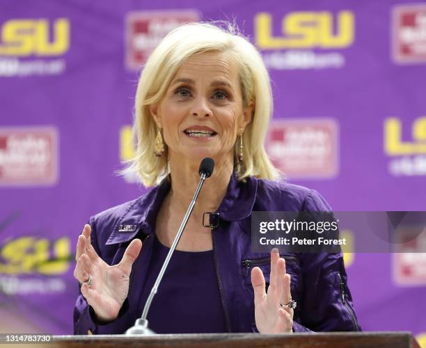 Kim Mulkey, the newly hired women's basketball coach at Louisiana State University, speaks during a press conference at Pete Maravich Assembly Center...