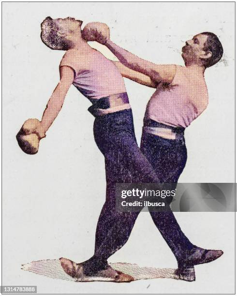 stockillustraties, clipart, cartoons en iconen met antieke foto: kickboksen - mixed martial arts
