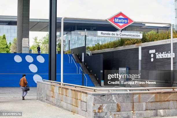 Metro next to the Telefonica headquarters building, on April 27 in Madrid, Spain. Telefonica has changed its image for the first time in more than...