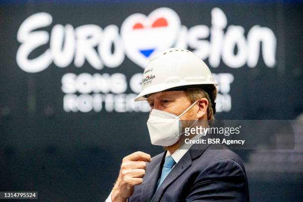 King Willem-Alexander is seen as he visits the preparations for the 2021 Eurovision Song Festival in Ahoy event center on April 22, 2021 in...