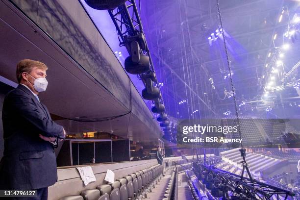 King Willem-Alexander is seen as he visits the preparations for the 2021 Eurovision Song Festival in Ahoy event center on April 22, 2021 in...