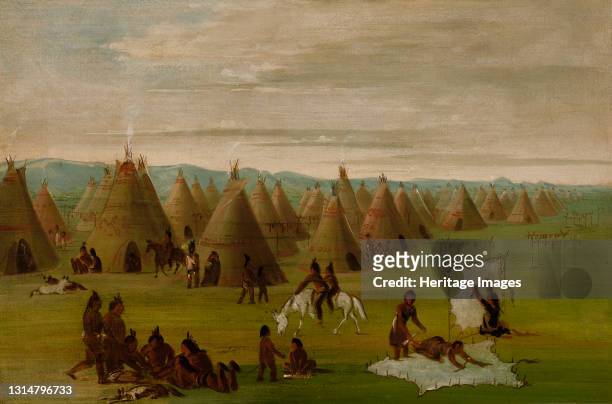 Comanche Village, Women Dressing Robes and Drying Meat, 1834-1835. Artist George Catlin.