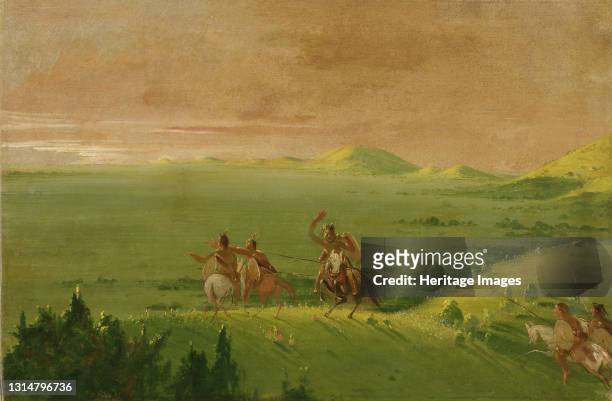 Comanche War Party, Chief Discovering the Enemy and Urging his Men at Sunrise, 1834-1835. Artist George Catlin.