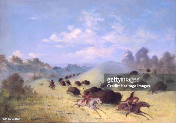 Comanche Indians Chasing Buffalo with Lances and Bows, 1846-1848. Artist George Catlin.