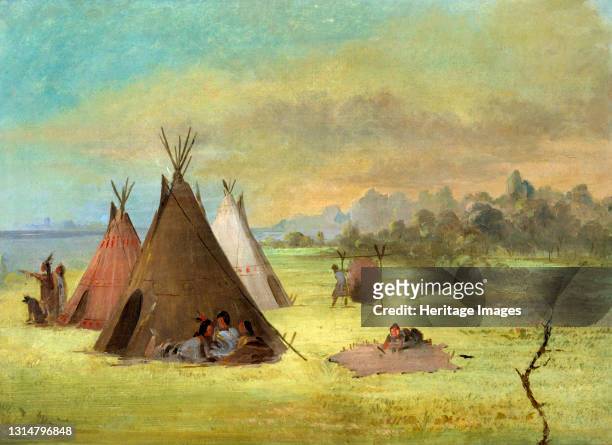 Indian Encampment, Comanche Dressing Skins, Red River, 1846-1848. Artist George Catlin.