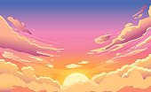 Sunset sky. Cartoon summer sunrise with pink clouds and sunshine, evening cloudy heaven panorama. Morning vector landscape