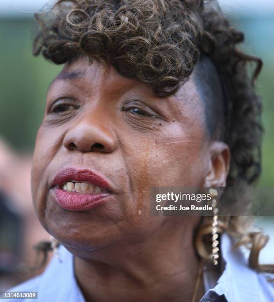 Gwen Carr, the mother of Eric Garner, becomes emotional as she speaks about the death of Andrew Brown Jr., on April 27, 2021 in Elizabeth City, North...