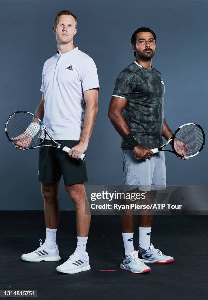 Dominic Inglot of Great Britain and Aisam-Ul-Haq Qureshi of Pakistan pose for a portrait at Melbourne Park on January 19, 2020 in Melbourne,...