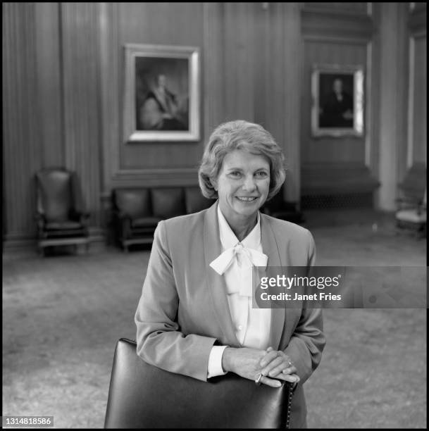 Portrait of American jurist and US Supreme Court Associate Justice Sandra Day O'Connor at the Supreme Court, Washington DC, April 1989.