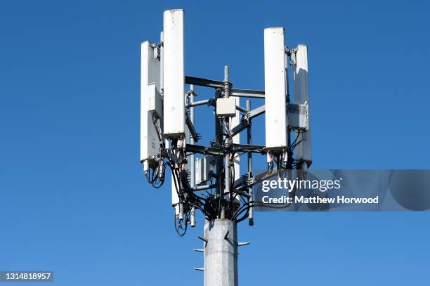 Close-up of a mobile phone mast against a clear sky on April 15, 2021 in Cardiff, Wales.