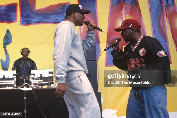 Tip and Phife Dawg of A Tribe Called Quest perform during KMEL Summer Jam at Shoreline Amphitheatre on August 3, 1996 in Mountain View, California.